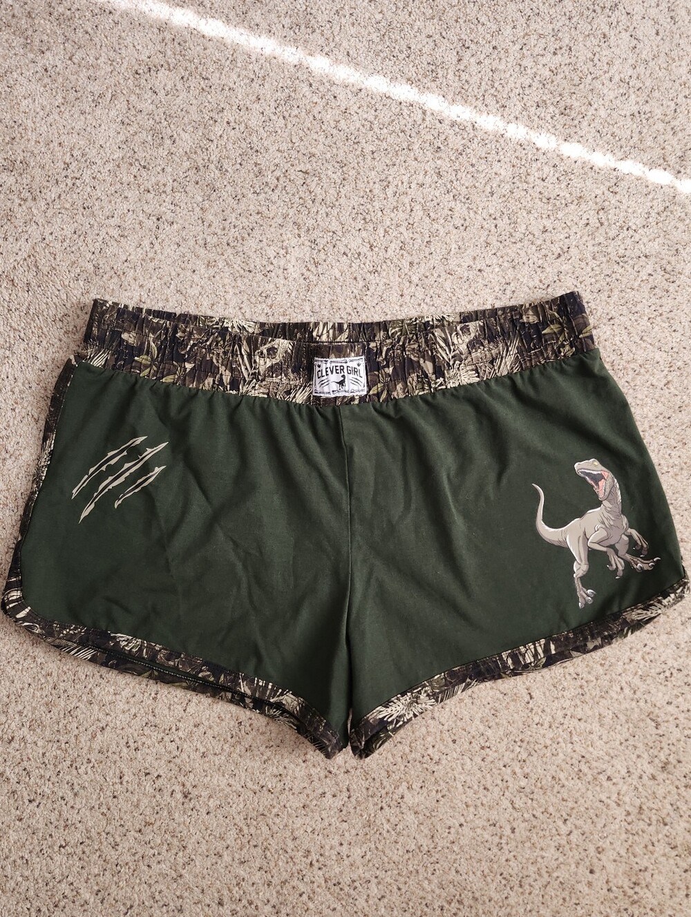 Hot Topic Jurassic Park Green Shorts with Raptor Graphic